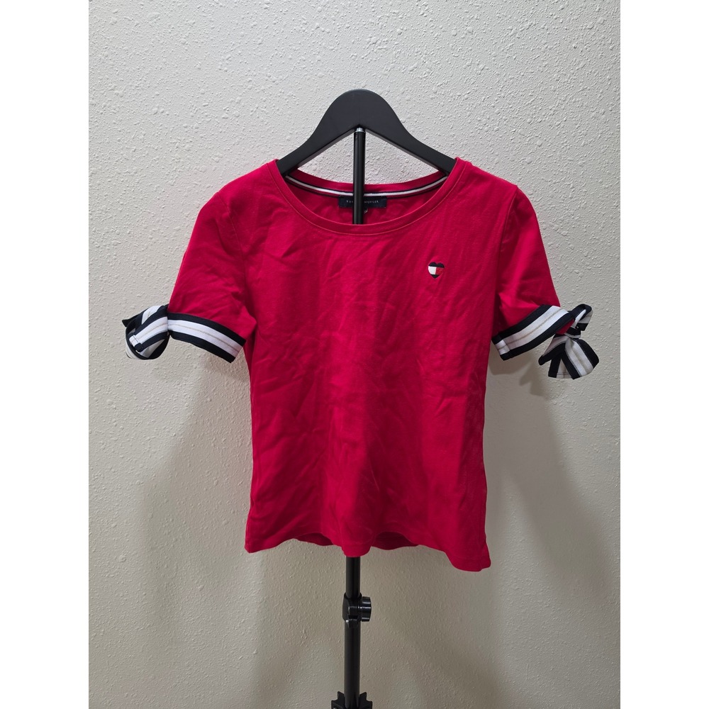 Tommy Hilfiger Womens Red Short Sleeve Striped Tie Cuff Heart Logo Tee Shirt XS